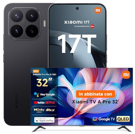 XIAOMI 17T, Smartphone 12+256GB, Display Eye-Care da 6,59 120Hz, Batteria da 6500mAh (typ), Teleobiettivo Leica 5x, 67W HyperCharge, MediaTek Dimensity 9500, Black, Garanzia 3 anni TV A PRO 32