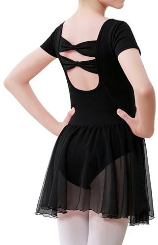ANTLOOWW Ragazza Vestito da Balletto,Body da Balletto a Maniche Corte per Bambine, Body da Balletto in Cotone e Abito da Danza per Bambine con Gonna in Chiffon (IT, Numero, 150, Regular, Nero)