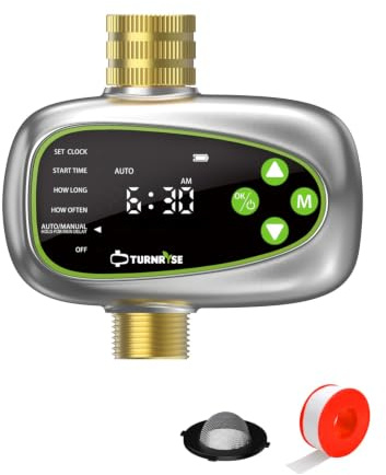 TURNRISE Programador Riego con Entrada y Salida de Latón, Programador de Riego Automatico con Retraso por Lluvia/Riego Manual, Temporizador de Riego a Pilas para Jardín, Césped