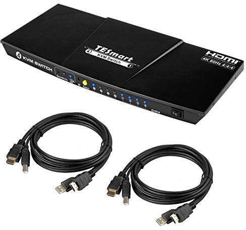 TESmart 4x1 HDMI KVM Switch 4K@60Hz 4:4:4 Ultra HD | 4 Port KVM Switcher 4 in 1 out with 2 pcs of 1.5 m KVM Cables Supports USB 2.0 Devices Control up to 4 computers/servers/DVR-Matt Black
