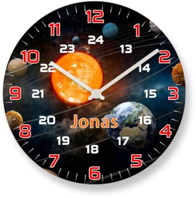 Faramosa Kinderzimmer Uhr Planeten mit Namen Kinderwanduhr personalisiert Jungen Wanduhr
