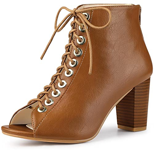 Allegra K Women PU Peep Toe Lace Up Chunky Heeled Ankle Booties Back Zipper
