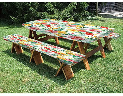 Mantel de mesa de picnic de hojas de palma con fundas de banco, funda de mesa ajustable de 3 piezas, fondo de plantas tropicales de la selva, para fiestas de picnic al aire libre, 28 x 72 pulgadas