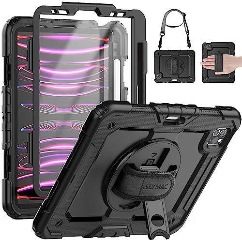 SEYMAC Case for iPad Pro 11 inch 4th/3th/2rd/1st Generation 2022/2021/2020/2018, Shockproof iPad Pro 11 Case With Screen Protector,Kickstand, Hand Strap & Shoulder Strap Black