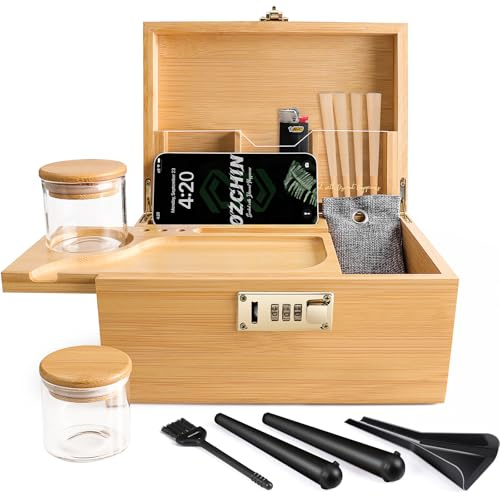 OZCHIN Bamboo Smell Proof Container Locking Box, Large Wooden Storage Box with Glass Jar, Christmas Gifts for Men Women, Home Decor & Smoking Accessories
