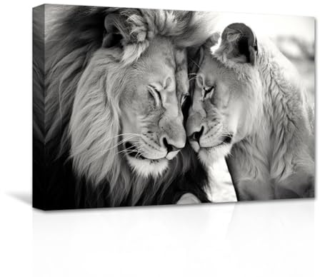 CXHOSTENT Leinwand Wandbilder Löwe und Löwin Schwarz Weiß Löwenpaar Kunstdrucke afrikanische Wildtiere Tierbilder für Bürodekoration (A, 40.00 x 60.00 cms)
