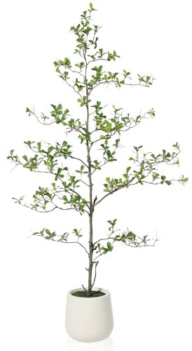SOGUYI Artificial Black Olive Tree, 5FT Tall Faux Shady Lady Tree, Fake Tree with White Planter and Fake Moss, Realistic Plants & Greenery for Home Office Decor