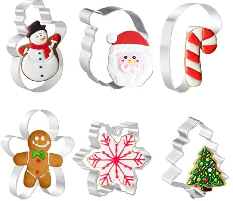6 Pcs Christmas Cookie Cutter, Cookie Cutters, Stainless Steel Christmas Cookie Cutters, Cookie Cutter for Baking-Christmas Tree Snowflake Gingerbread Man Snowman Santa Head and Candy Cane