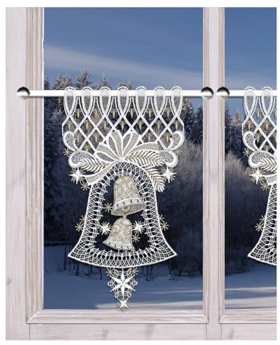 Scheibenhänger Weihnachtsträumerei mit Glocke Echte Plauener Spitze Spitzengardine Winter mit Glöckchen weiß-Gold 33 x 18 cm