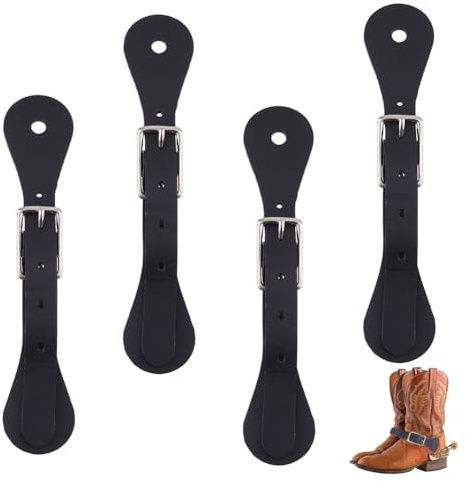 SUPERFINDINGS 2 Paar Leder Sporenriemen Schwarz Einlagig Sporenriemen 4 Löcher Verstellbare Stiefelriemen Handgemachte Western Accessoires Für Reiter Cowboys Western Männer Frauen