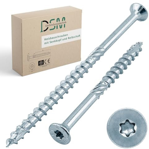 DSM - Lot de 200 vis pour construction en bois - 5 x 40 mm - Vis à tête fraisée galvanisées TX25 - Vis pour panneaux d'aggloméré dentelés - Avec tige de friction, nervures de fraisage et pointe Cut