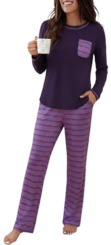 Demegimi Damen Schlafanzug Lang Pyjama Winter Nachtwäsche Baumwolle Pyjamaset Zweiteiler Rundhals Langarm Sleepwear S-XXL