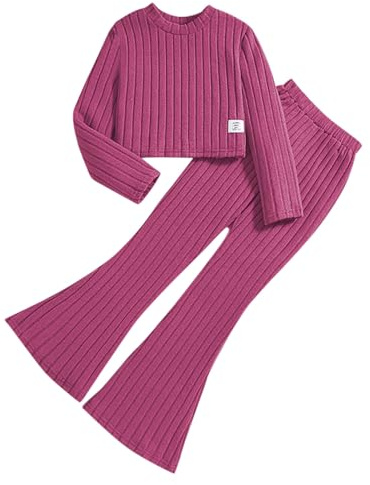 Generisch-2025 Conjunto de 2 piezas para niñas camiseta crop de manga larga sudadera camisas acanaladas pantalones acampanados pantalones de chándal conjunto 4, Rosa intenso., 7-8 años