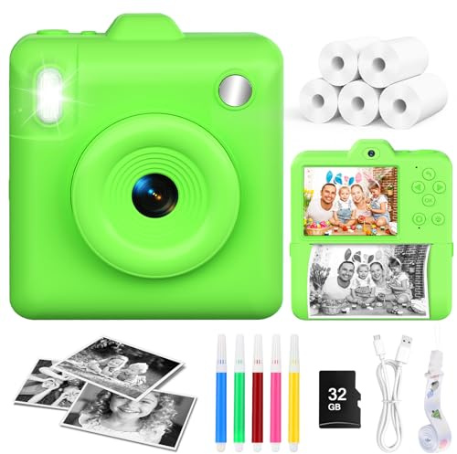 Kids Camera for Instant Print Selfies - 2.4''1080P HD Digital Camera with 32GB Card & 5 Rolls Photo Paper, Christmas Birthday Toys Gifts for 3-12 Years Old Boys Girls - Green