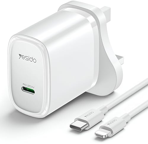 Yesido YC76L 20W PD USB-C Fast Charger Plug with Type-C to Lightning Cable, Quick Charging UK 3-Pin Adapter for iPhone 14/13/12 Series, iPad & Apple Devices