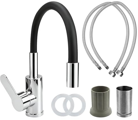 LxsNyvantic Mitigeur Cuisine 360° Rotatif – Robinet Évier Pivotant en Alliage de Zinc avec Cartouche Céramique, Eau Chaude & Froide, Aérateur Filtrant, Avec 2 Tuyaux Flexibles Inox, Installation Facil