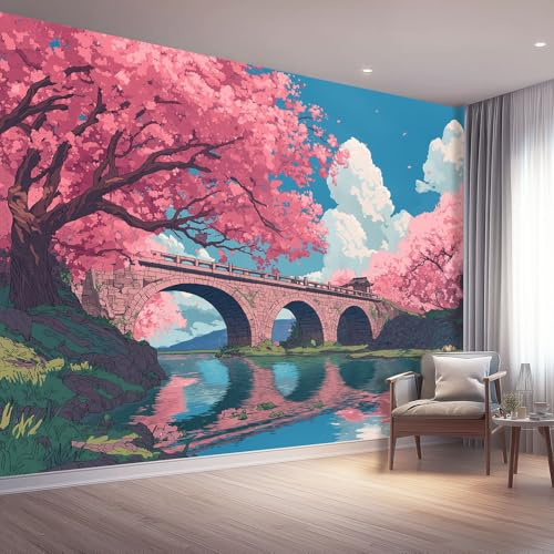 Fototapete Karikatur Vlies Tapeten 400 x 280 cm, Wandtapete Wohnzimmer Schlafzimmer Küche Dekoration Concealer, Rosa Steinbrücke Blühende Bäume