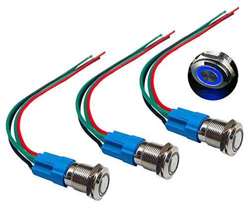 QitinDasen 3Pcs Premium 12V / 24V 3A Momentan Druckschalter, 12mm Auto Zündungs Startschalter, Blaues LED Licht Edelstahl IP66 Wasserdichter Schalter mit Steckdosendraht