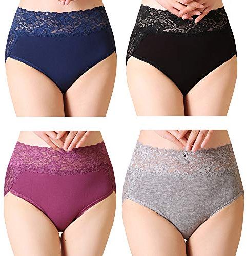 Serecofo Lot de 4 Culottes Slips Femme en Coton Grande Taille Disponible 36-52 Dentelle Taille Haute Lingerie sous-Vêtement Femme Elastique