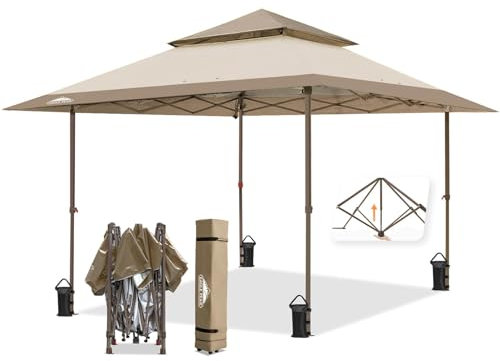 EAGLE PEAK 4x4m Pavillon Klappbar Wasserdicht Pop Up Pavillon Faltbar Doppel - Spitze Faltpavillon für Garten Party Hochzeit Picknick und Festival, inkl. mit Tragetasche mit Rollen (Beige)