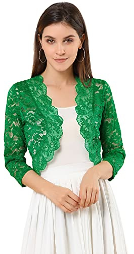 Allegra K Dam spets festlig bolero 3/4 ärm bröllop kofta fram öppen crop cardigan Shrug, Grön, L