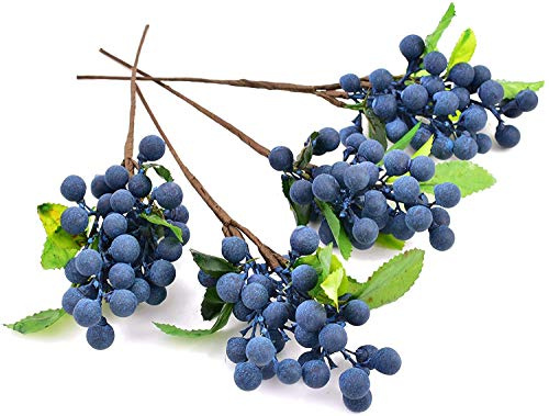 HUIANER 4 Pcs Blue Artificial Berries Artificial Fruits Fake Blueberry Plastic Flowers with Stems for Wedding DIY Bridal Bouquet Home Kitchen Party Decoration (Blue)