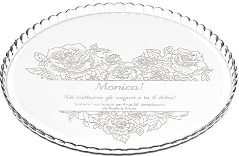Maverton Portatorta in Vetro Trasparente - Incisione Laser Personalizzata - Piatto Tondo Porta Dolce con la Tua Dedica Incisa - Sottotorta da ca. 32,5cm - regalo donna - Rose