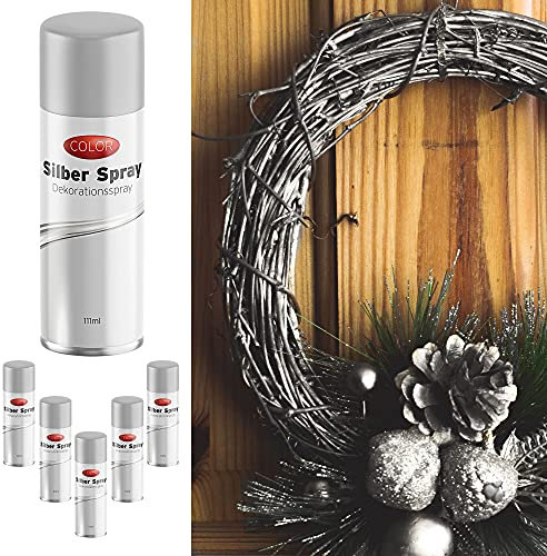 Dekospray zum Basteln 111ml | 6er Set Spraydose silber | Weihnachten Glitzerspray Glanzspray (1 x 6er Set Spraydose silber)