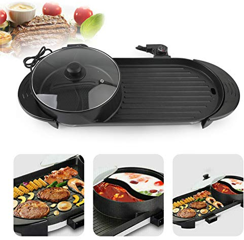 Topteng 2 in 1 BBQ Grill and Hot Pot, Portable Electric Hot Pot Indoor Barbecue Non-Stick Teppanyaki Pan Shabu Shabu Korean BBQ