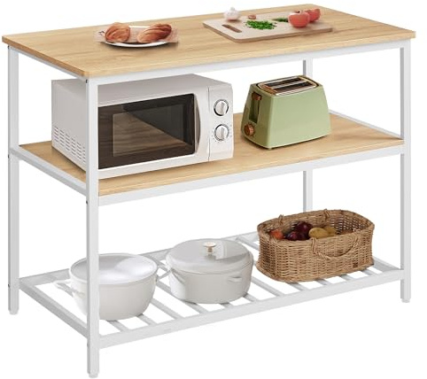 VASAGLE Kitchen Island with 3 Shelves, 47.2 Inches Width Kitchen Shelf with Large Worktop, Stable Steel Structure, Industrial, Easy to Assemble, Oak Color and White UKKI001W09