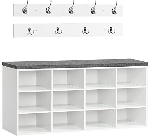 HOOBRO Garderobe Schuhregal Set, Schuhbank mit 12 Fächern, Schuhregal mit gepolsterter Sitzbank, Wandgarderobe mit 9 Haken, Schuhschrank für Flur, Eingangsbereich, Schlafzimmer weiß EWT112HX01