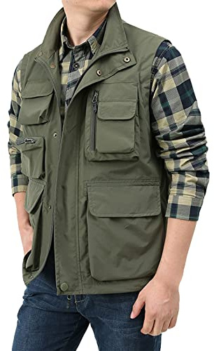 aromm Gilet Travail Extérieur pour Hommes Multi-Poches Étanche Été Sans manches Manteau Vert Armée, XL
