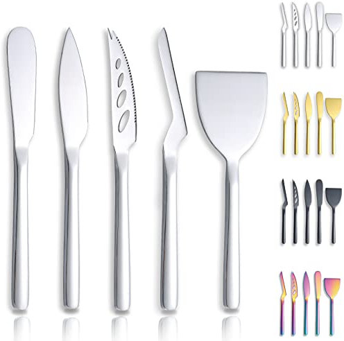 Berglander coltello per formaggio set 5 pezzi, applicabile a tutti i formaggi, taglierina per formaggio in acciaio inox, design ergonomico, adatto per afferrare e tagliare coltello per burro (Argento)