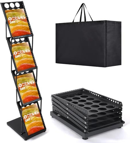 ChoiCARE Literature Catalog Rack, Foldable Magazine Brochure Display Stand, Magazine Floor-Standing with Portable Oxford Bag, for Office Store and Exhibition Trade Show (4 Pockets, Black)