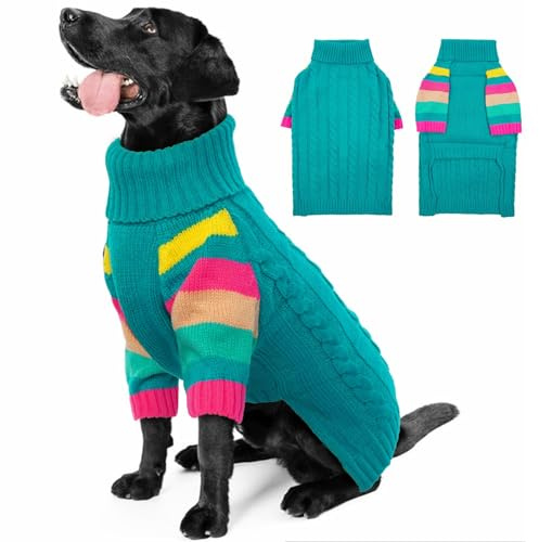 OUOBOB Hundepullover, große Hundepullover für Hunde Mädchen Jungen, Turtleneck Pullover Winter grüne Hundeweste, Weihnachtshund Outfits, Haustier Sweatshirt Bekleidung Strickwaren, XXL