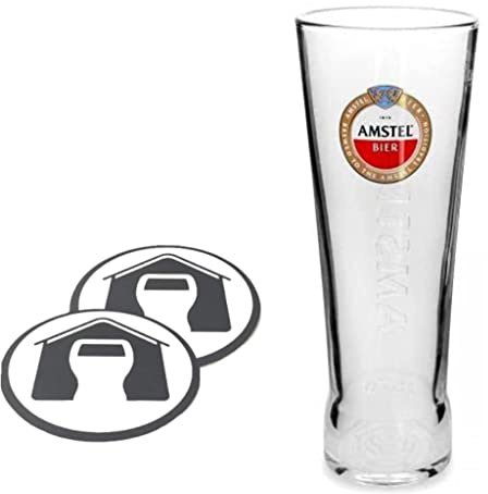 GarageBar | Amstel Glass | Nucleated Pint Beer Glass | Official Merchandise | Comes with 2X Beer Drip Mats (1)