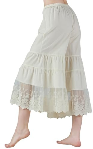 BEAUTELICATE Jupe Culotte en Coton Capri Pantalon De Pyjama Femme Pantacourt Ample à la Maison sous-Robe Jupon avec Dentelle Crème, XXL