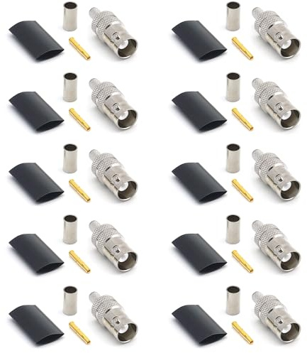 RANGEFUL BNC Buchse RG58 LMR195 RG303 RG141 RG142 RG400 RF Crimp Typ Koaxialkabelstecker vernickelt mit vergoldetem Pin (10er-Pack)