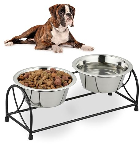 Relaxdays Futterstation, Napfständer kleine Hunde, Hundebar 2 Edelstahlnäpfe je 1 l, Futterbar, schwarz/Silber