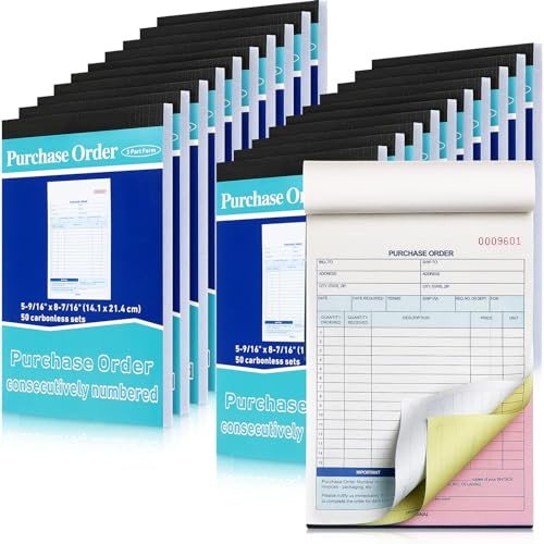 Lincia 20 Pack Purchase Order Book 3 Part Carbonless Purchase Order Forms for Small Business with Carbon Copies Cover, 50 Sets Per Book, 8.4 x 5.5 Inch