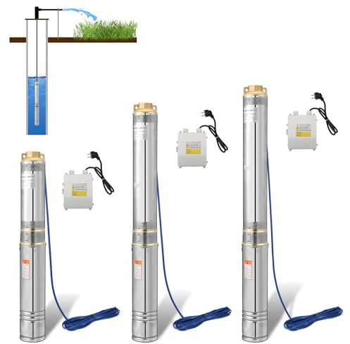 Jiubiaz Tiefbrunnenpumpe, 370W Tauchdruckpumpe aus Edelstahl mit 20 m Verbindungskabel, 4000l/h Brunnenpumpe 693mm sandverträglich, Unterwasserpumpe Druck 3,4bar, Lieferhöhe Max.34 m