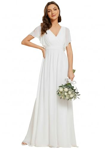 Ever-Pretty Robe pour Mariage Invité Longue Femme Col V Mousseline A Line Manches Courtes Plissé Chic Blanc 42