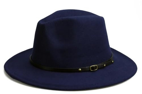 WOYUANSHA Cowboyhüte Klassischer Hut Mit Breiter Krempe Lederhut Mit Gürtelschnalle Fedora-Panama-Hut Mit Metallschnallenriemen Marineblau