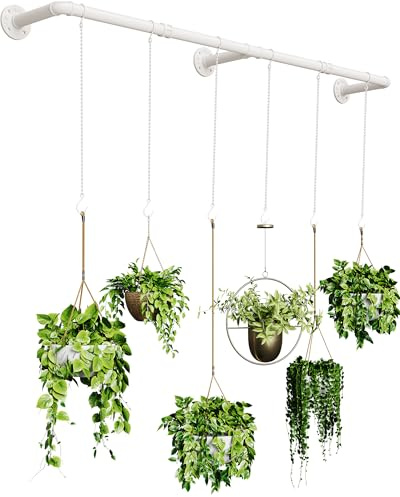SOFITORG Colgador de Plantas de Interior, macetas Colgantes para Plantas de Interior con 6 Cadenas Colgantes, Barra Colgante de Plantas de Pared para Techo de Ventana, 165 cm, Metal/Blanco