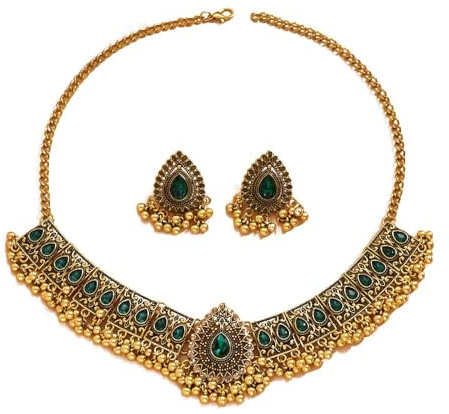 Set di gioielli da sposa indiani tradizionali boemia per donne e ragazze argento antico ossidato collana orecchini pompon bollywood girocollo punk cristallo regalo trendy, 23 millimètres, Metallo