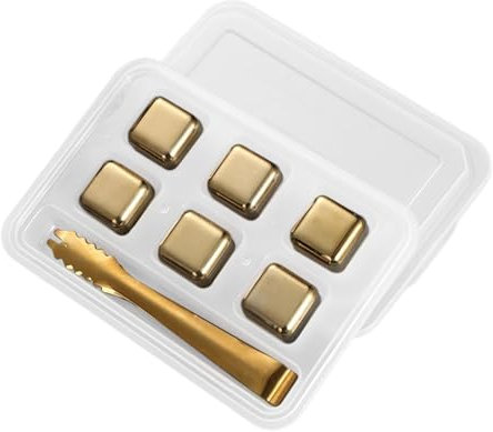 DimyFew Edelstahl-Eiswürfel, Whisky-Steine mit Würfelschale, Getränke-Kühlsteine, Getränke-Steine für Kaffee-Whisky-Partys, 6 Gold mit Clip