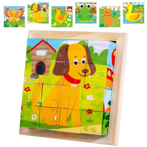 Würfelpuzzle Holz, Bilderwürfel Holz, 3D Bilderwürfel Puzzlespiele,Würfelpuzzle Puzzlespiele 6 in 1 Tier-Motive für Kinder ab 2 3 4 Jahren, Holzpuzzle Montessori Spielzeug für Kinder Jungen Mädchen