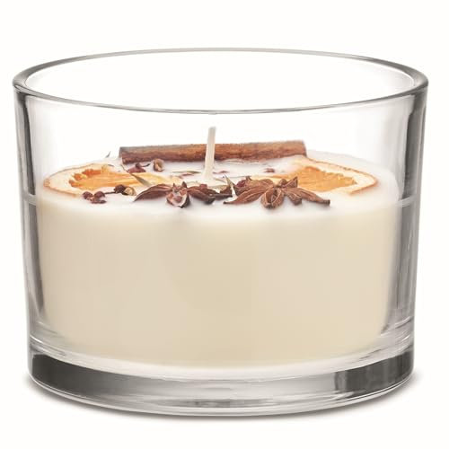 Vela perfumada grande de invierno canela limón reutilizable de cristal con flores secas y frutas 50 horas de combustión, aroma a habitación, cera a base de plantas, Navidad, 300 g
