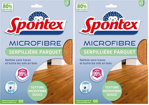 SPONTEX - Serpillière Spécial Parquet - Texture Microfibre Douce - Elimine Facilement Le Gras et la poussière - Fait Briller - Elimine 99% des bactéries (Lot de 2)