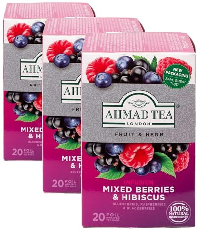 Ahmad Tea Mixed Berries 20 Bolsitas Té de Frutas, Mezcla de Frutas, 40 Gramos (Paquete de 3)